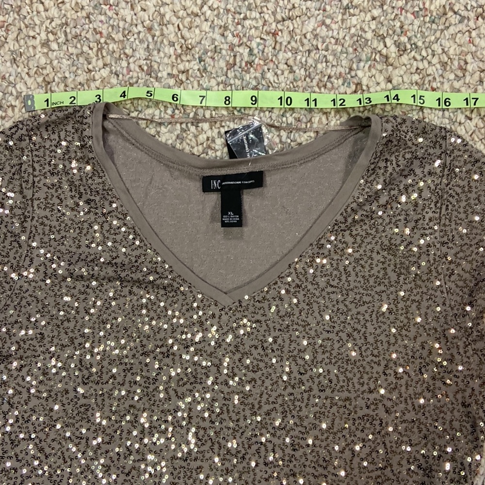 INC Taupe V-neck T-shirt with Silver Sequins - Picture 8 of 9